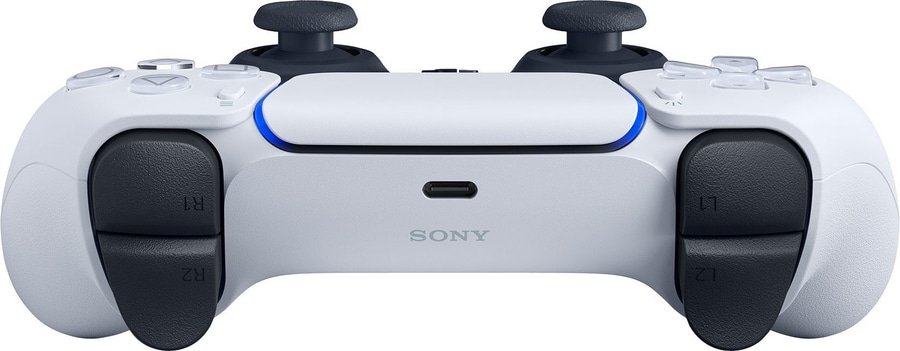 Weißer Playstation 5 Controller mit schwarzen Knöpfen und blauen Akzenten. Sony Logo.