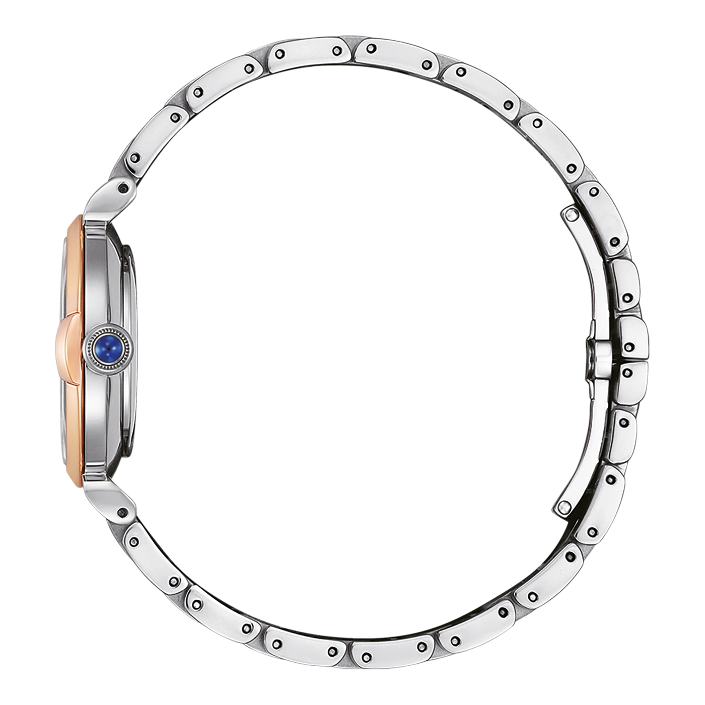 Uhr mit silbernem Armband und roségoldfarbenem Gehäuse, Detailaufnahme