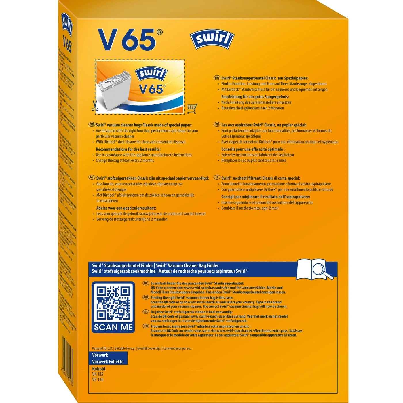 Swirl Staubsaugerbeutel V65 Packung mit Scan-Me-Funktion für Vorwerk Folletto Kobold VK 135 VK 136