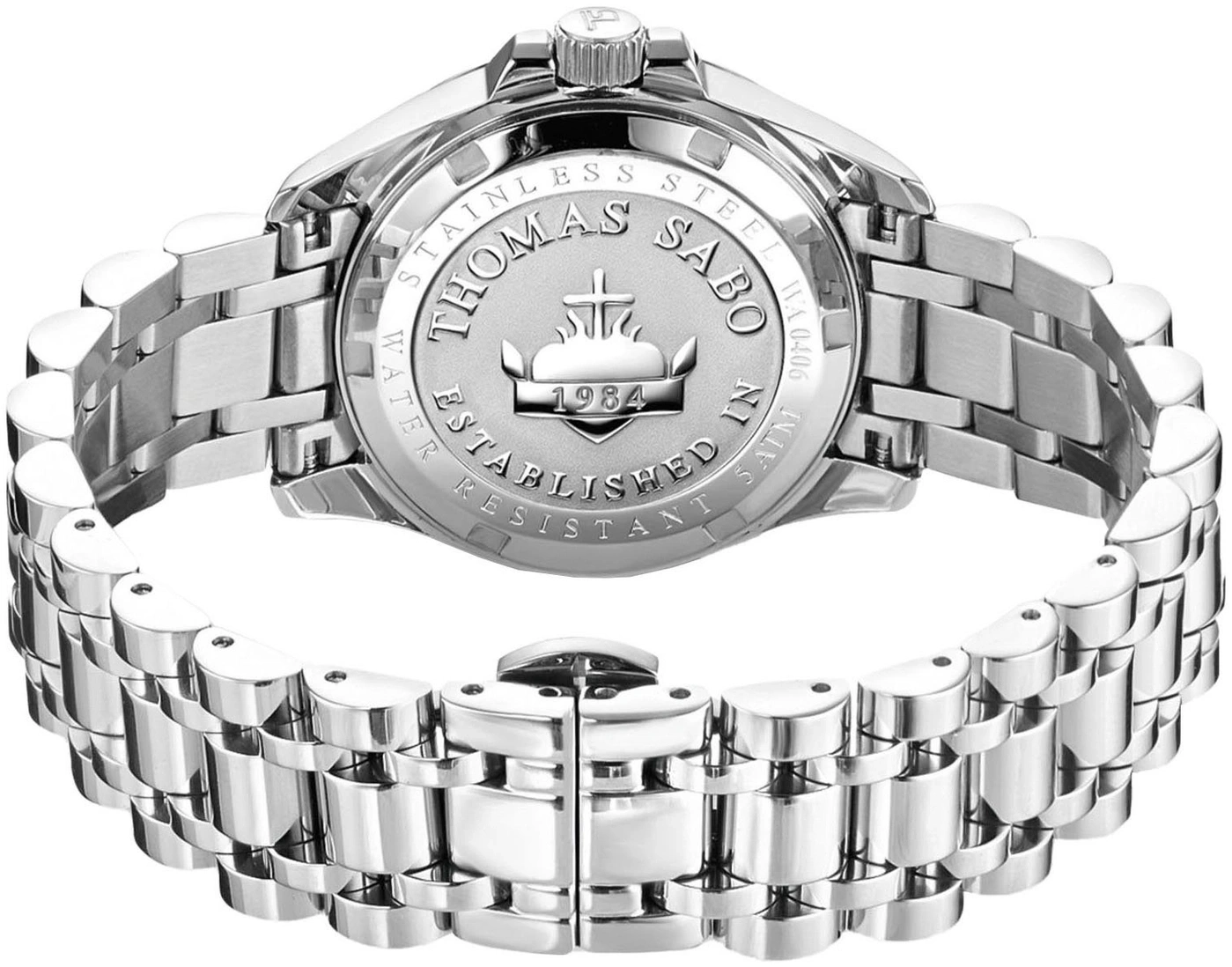 Rückseite einer THOMAS SABO Edelstahluhr mit 1984 als Gründungsjahr und Wasserdichtigkeit 5 ATM.