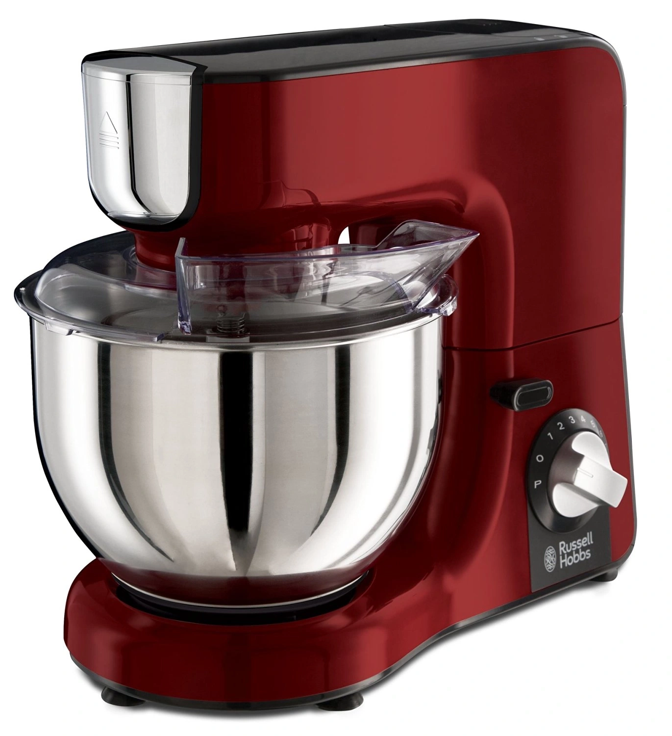 Rote Küchenmaschine von Russell Hobbs mit Edelstahlschüssel und Zubehör.