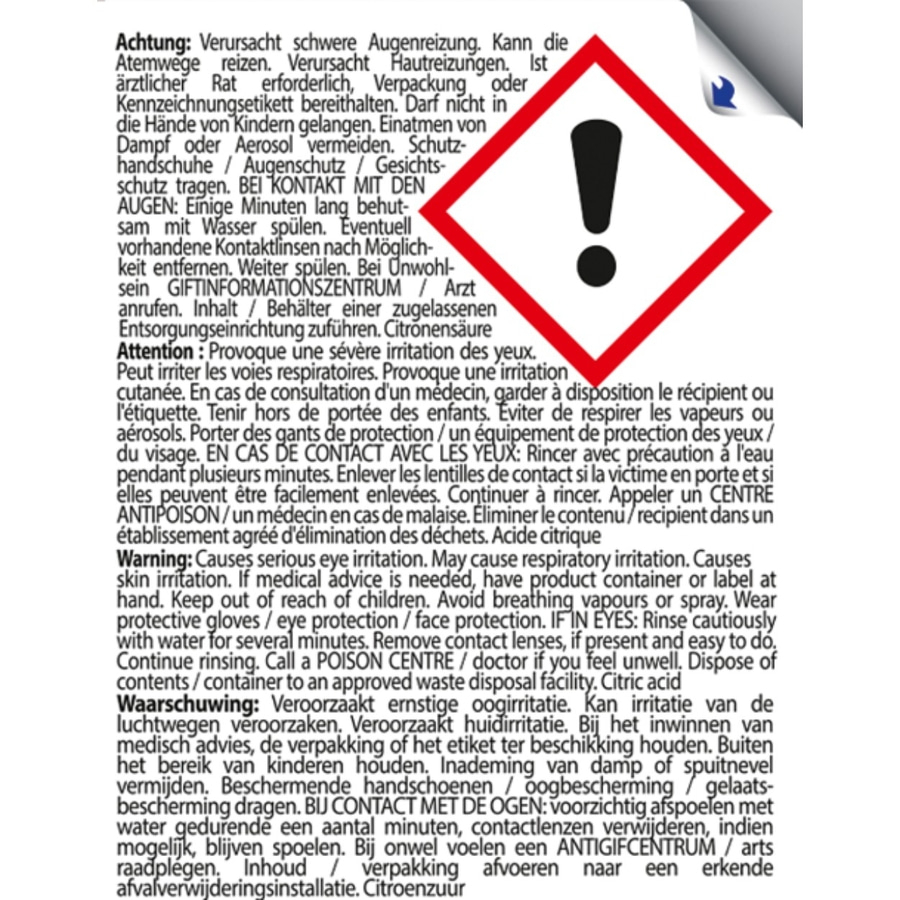 Gefahrensymbol mit Text auf Deutsch, Französisch und Englisch.