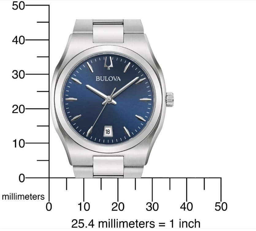 Bulova-Uhr mit blauem Zifferblatt und Datumsanzeige, silbernes Armband, Millimeter-Skala.