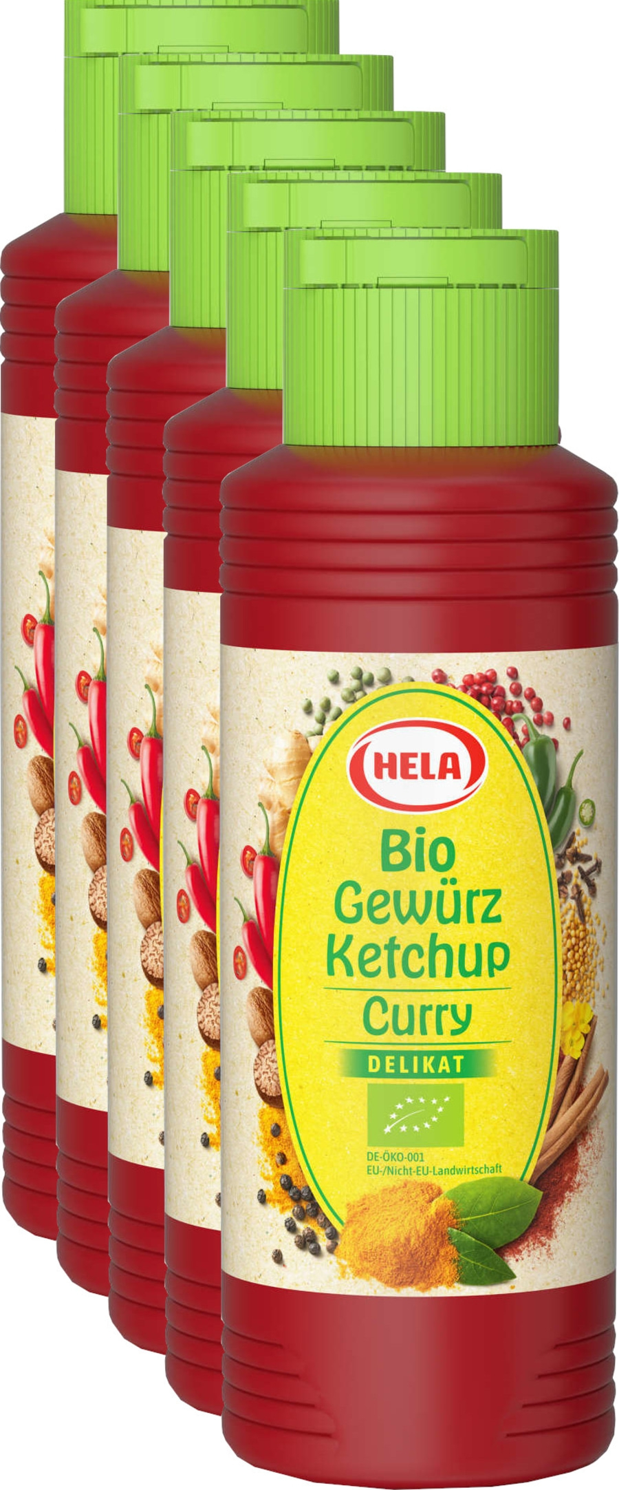 5 x Hela Bio Ketchup Curry delikat Gewürzketchup 300 ml Flasche Ketchupflasche