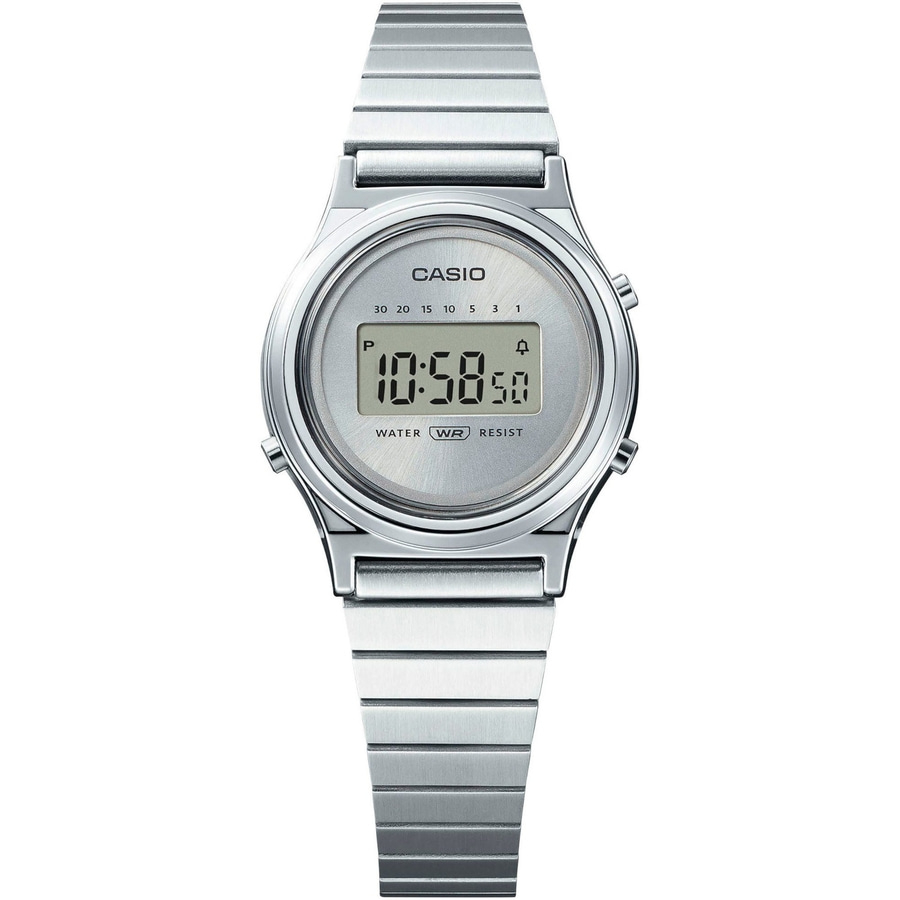 Casio Uhr, silbernes Zifferblatt, Digitalanzeige, Edelstahlarmband, Wasserdicht