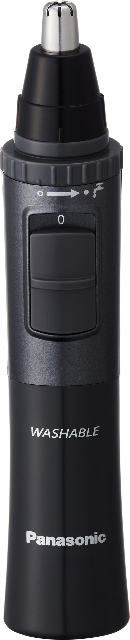 Schwarzer Nasenhaartrimmer mit Waschfunktion und Panasonic-Logo. Der Trimmer ist waschbar.