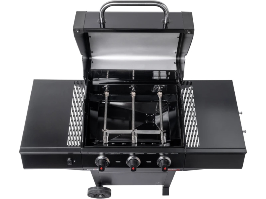 Schwarzer Grill mit geöffnetem Deckel und drei Brennern, Draufsicht.