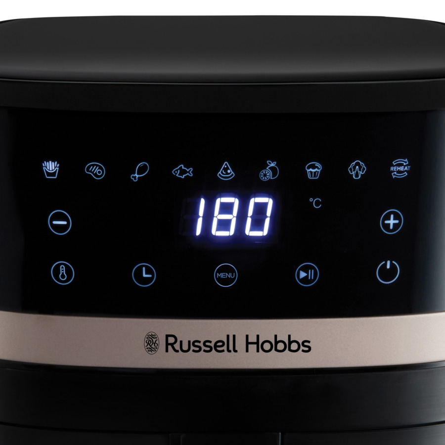 Digitalanzeige eines Fritteuse mit Temperatur 180 Grad Celsius und Russell Hobbs Logo.