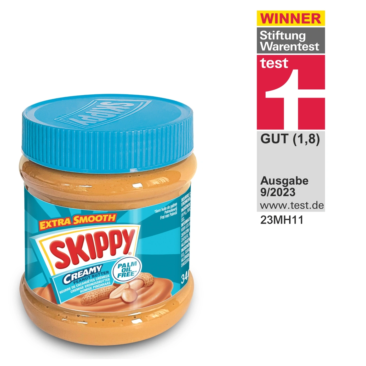 Skippy Erdnussbutter im Glas mit Aufdruck von "Stiftung Warentest".