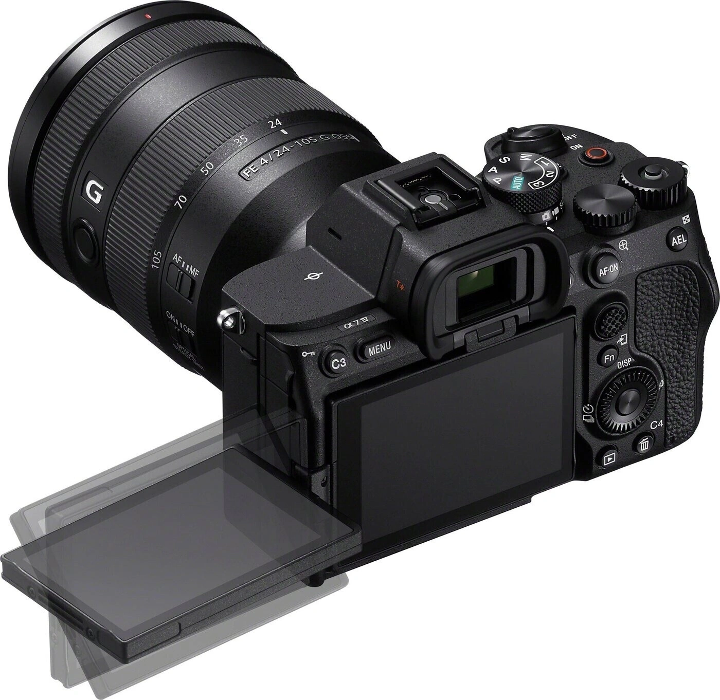 Sony Alpha Kamera mit Objektiv, Display, Knöpfen und Einstellungen.