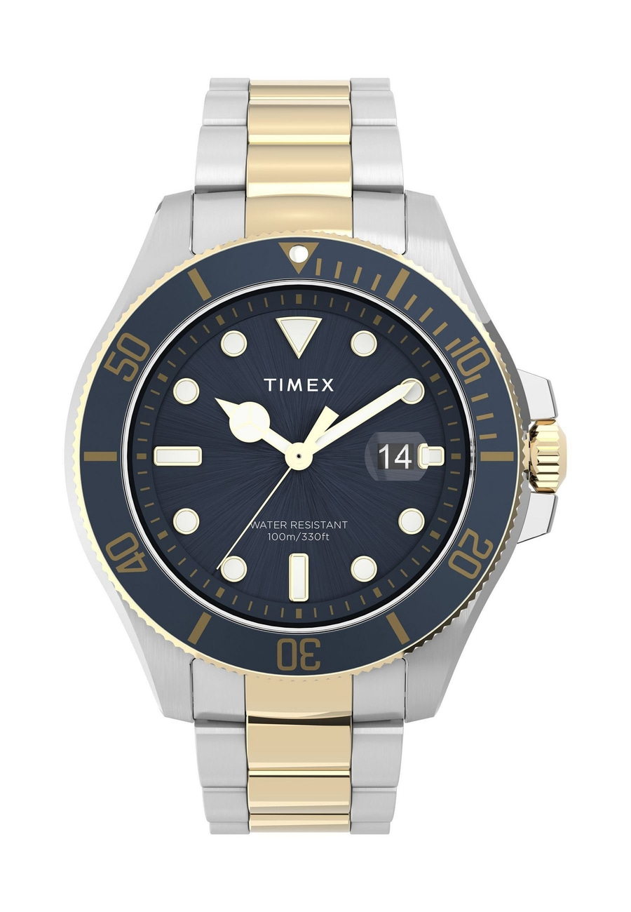Eine gold-silberne Armbanduhr mit blauem Zifferblatt.