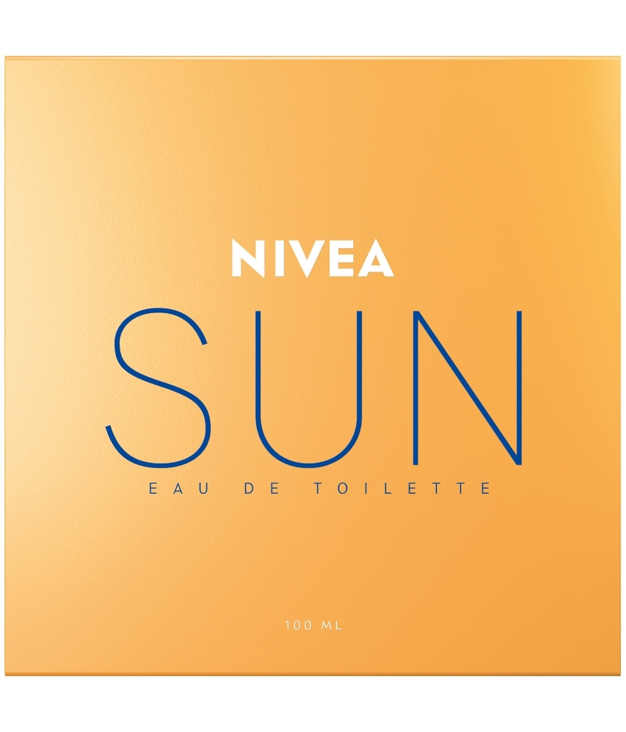 NIVEA SUN Eau de Toilette, 100 ml, orangefarbener Hintergrund, blaue Schrift.