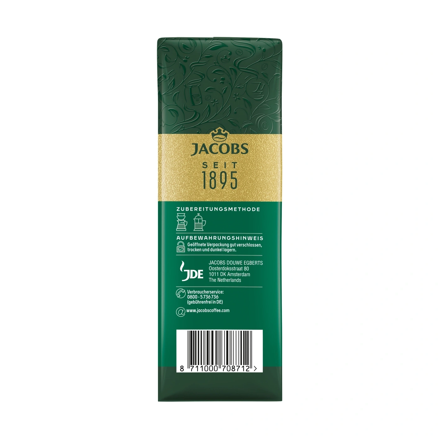 Eine grüne Verpackung von Jacobs Kaffee mit "Seit 1895"-Schriftzug.