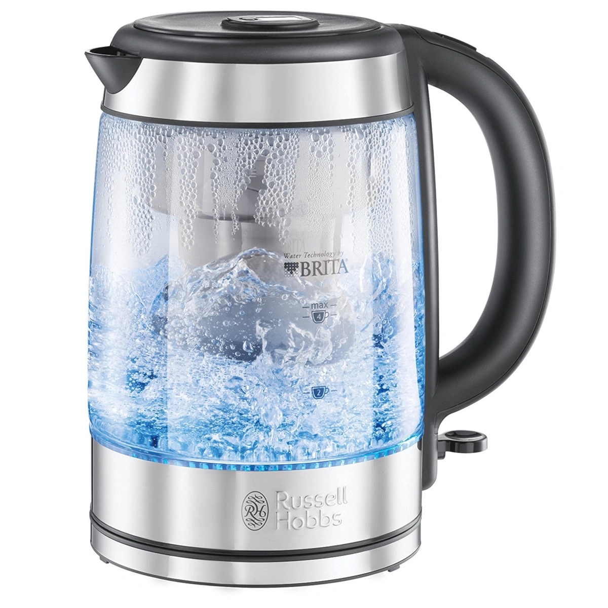 Ein gläserner Wasserkocher von Russell Hobbs mit blauem Licht, der mit Wasser gefüllt ist und kocht.