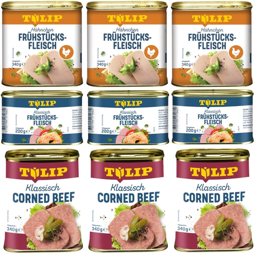 Drei Dosen Hähnchen Frühstücksfleisch, drei Dosen Klassisch Frühstücksfleisch, drei Dosen Corned Beef