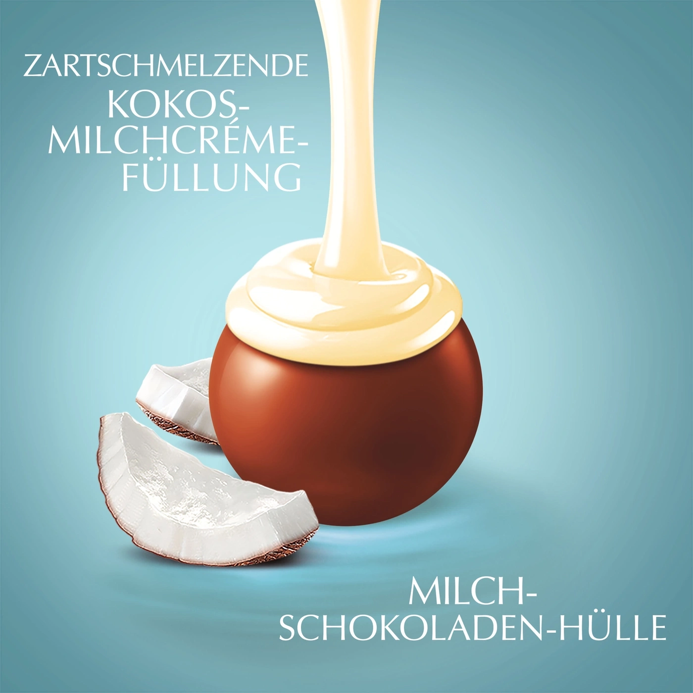 Zartschmelzende Kokos-Milchcreme-Füllung mit Milch-Schokoladen-Hülle