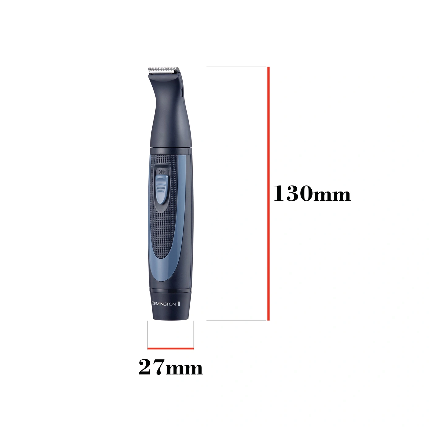 Rasierer mit Abmessungen von 130 mm x 27 mm, blau und schwarz.