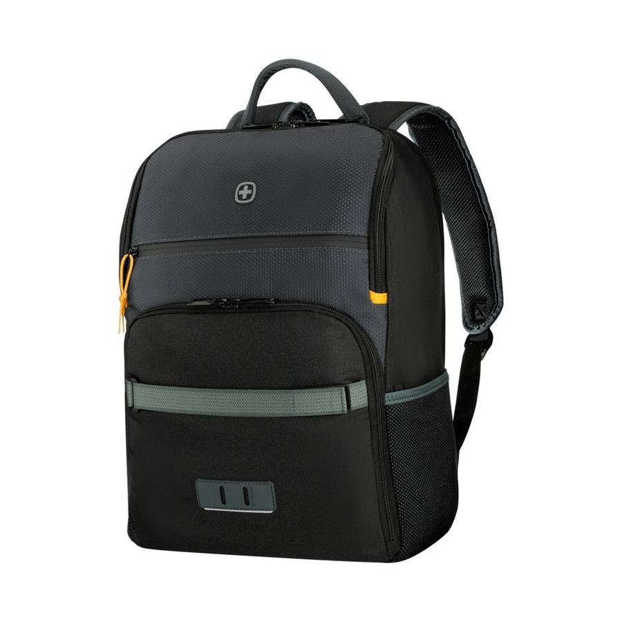 Schwarzer Rucksack mit grauem Akzent und gelben Reißverschlüssen, ideal für den Alltag.