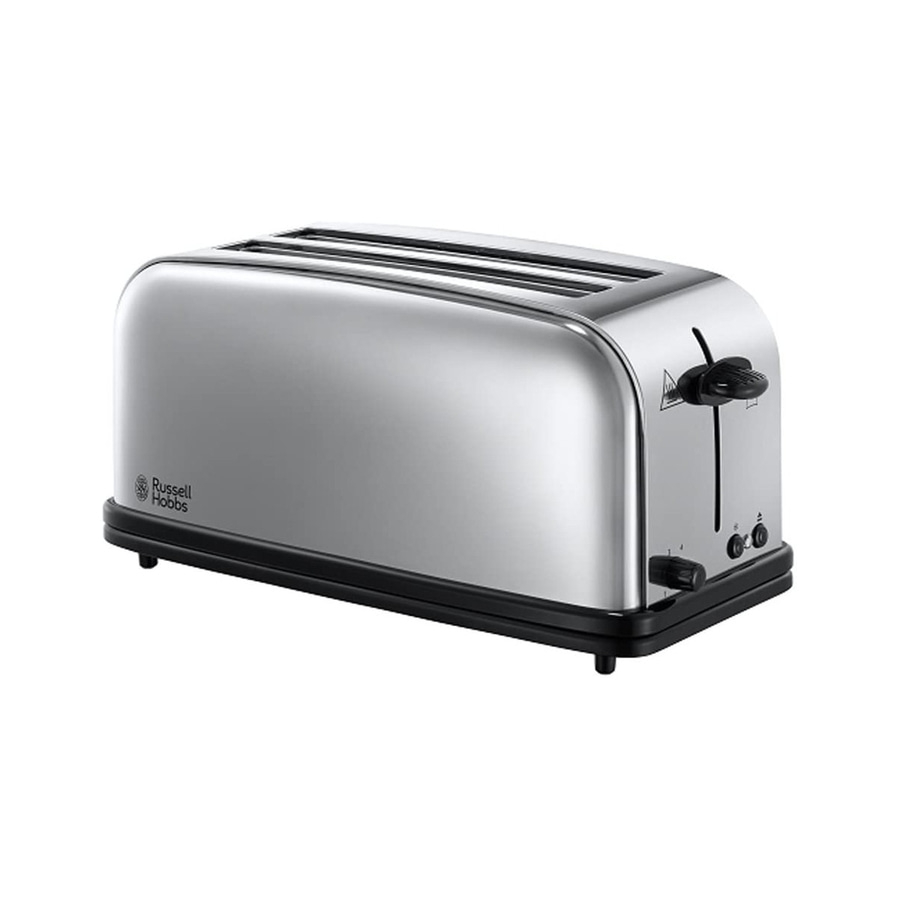 Silberner Toaster von Russell Hobbs, mit zwei Schlitzen und Bedienknöpfen.