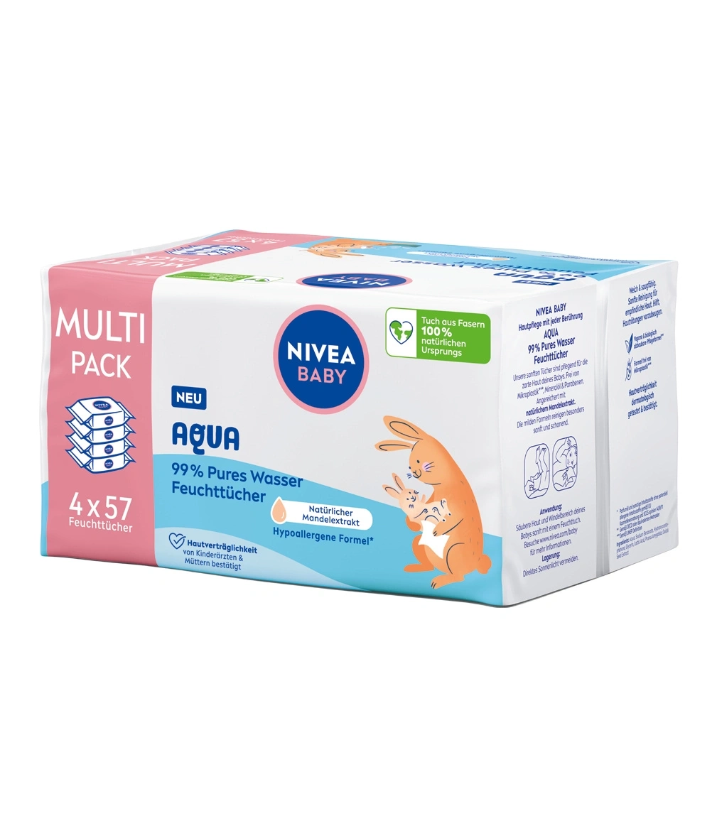 Nivea Baby Aqua Feuchttücher Multipack mit Mandelextrakt und natürlichem Ursprung.