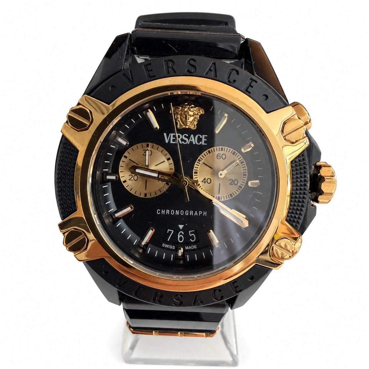 Versace Chronograph Uhr mit schwarzem Zifferblatt und goldenen Akzenten