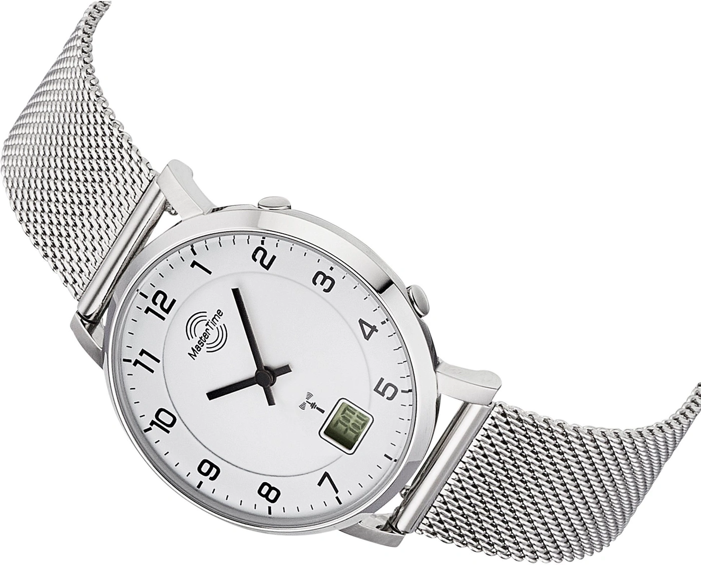 Armbanduhr mit weißem Zifferblatt und silbernem Mesh-Armband