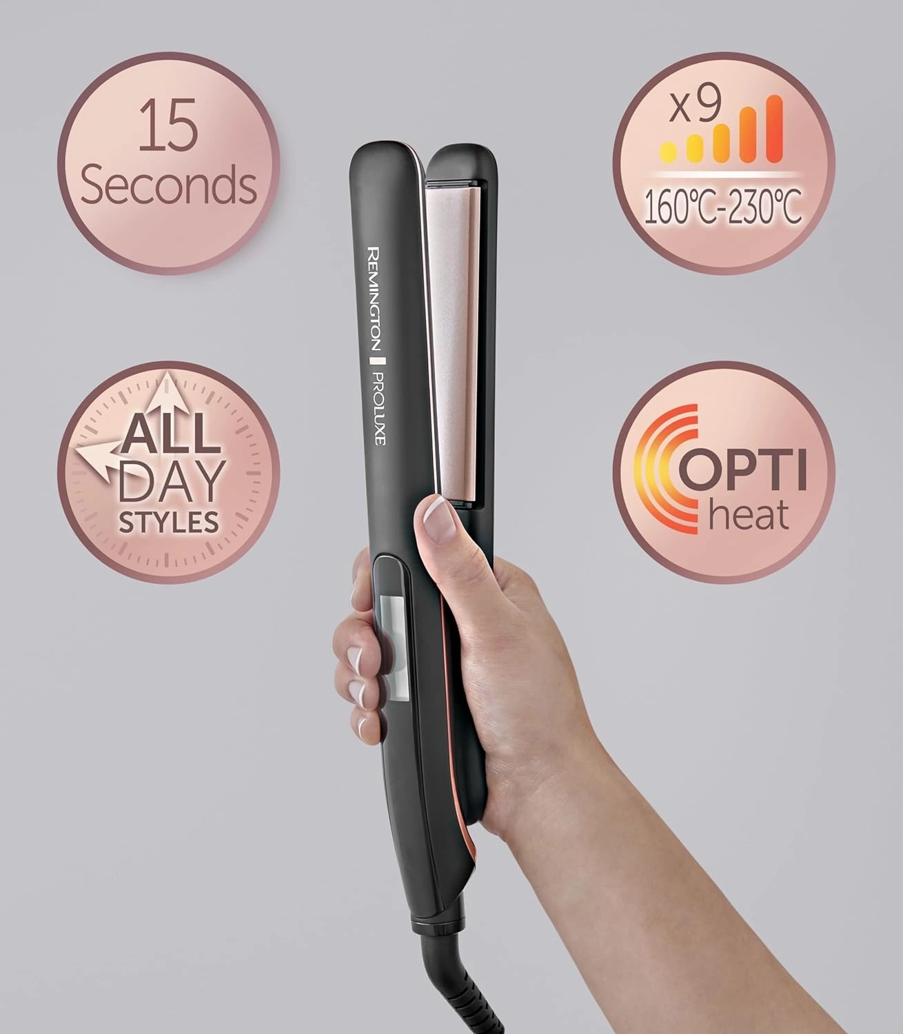 Haarglätter mit Funktionen: 15 Sekunden, ganztägige Styles, 160-230°C, Opti-Heat.