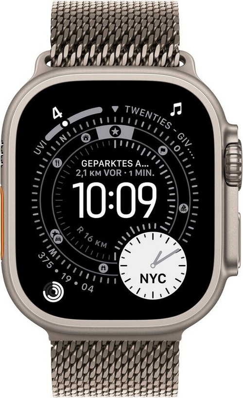 Eine Smartwatch mit einem silbernen Armband und einem schwarzen Zifferblatt, das die Uhrzeit 10:09 anzeigt.