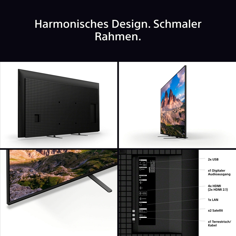 Fernseher mit harmonischem Design und schmalem Rahmen. 2x USB, 4x HDMI, 1x LAN, x2 Satellit.