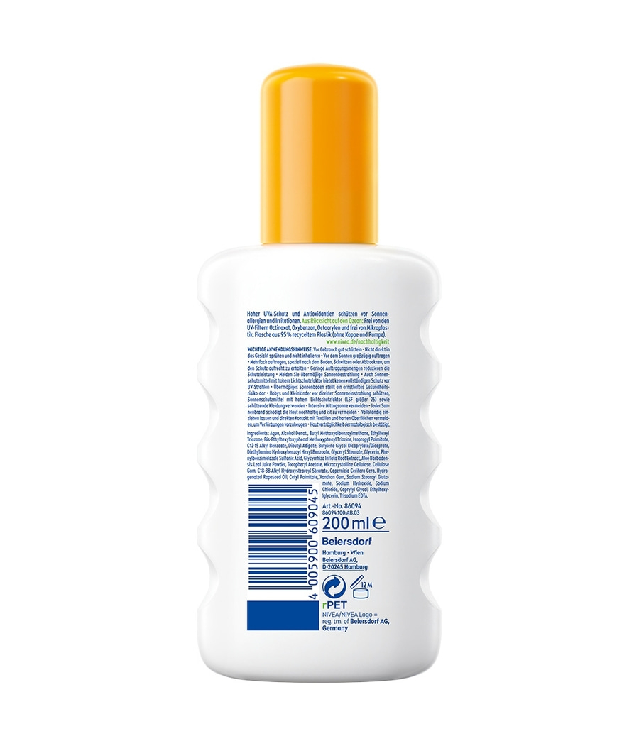 Sonnencreme-Flasche mit UVA-Schutz und Antioxidantien, 200 ml, Beiersdorf, recyceltes Plastik