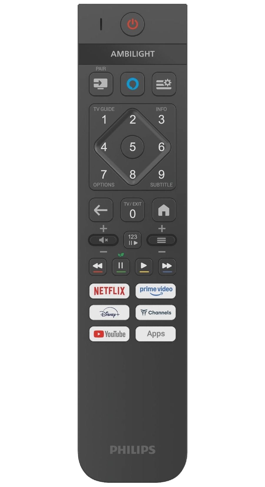 Fernbedienung von Philips mit Netflix, Prime Video, Disney+ und YouTube-Tasten.