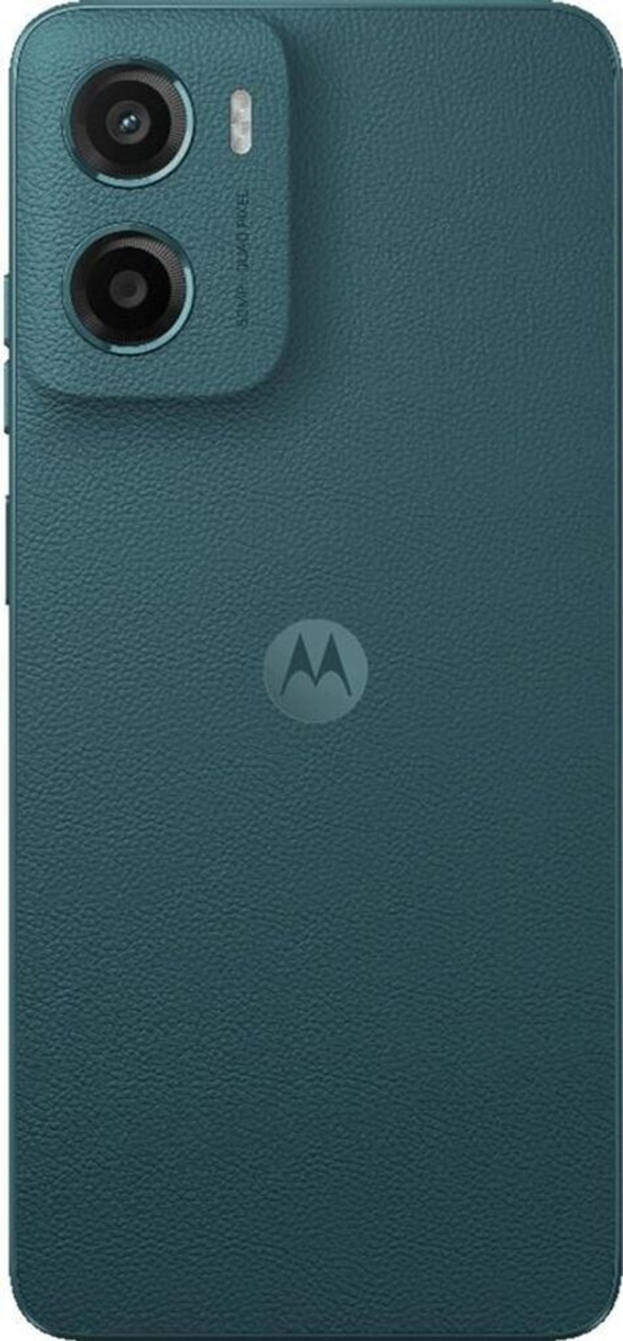 Motorola Smartphone mit zweifacher Kamera, geprägtem Logo und lederartiger Rückseite.