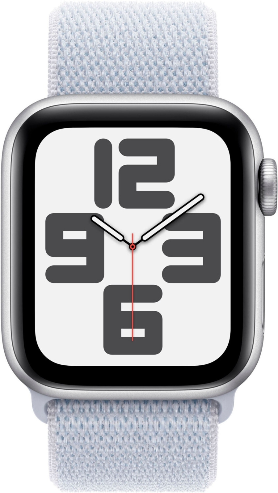 Apple Watch mit hellblauem Armband und Ziffernblatt mit Zahlen 12, 9, 3, 6