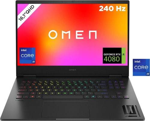 Schwarzer Laptop mit Intel Core i9, GeForce RTX 4080 und 240 Hz Display.