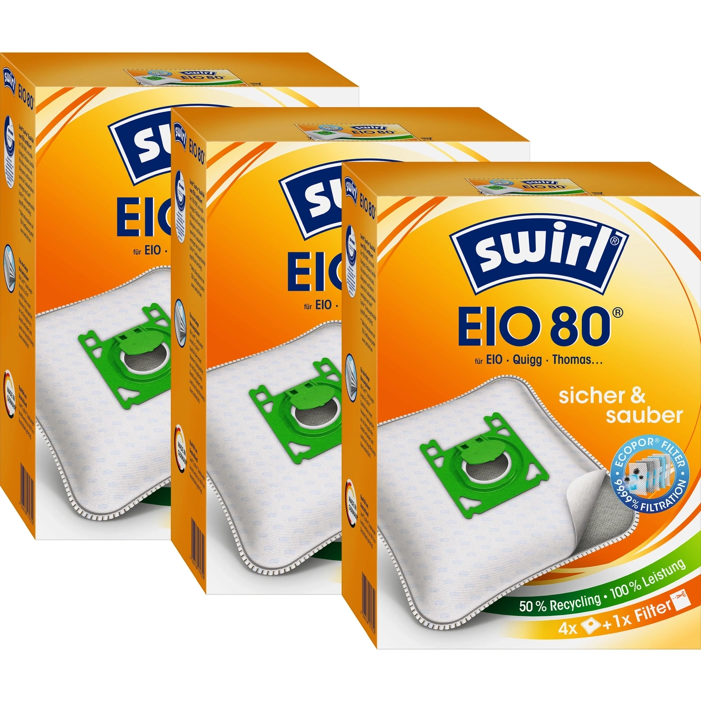 Swirl EIO 80 Staubsaugerbeutel, 4x + 1x Filter, sicher und sauber, 50% Recycling, 100% Leistung