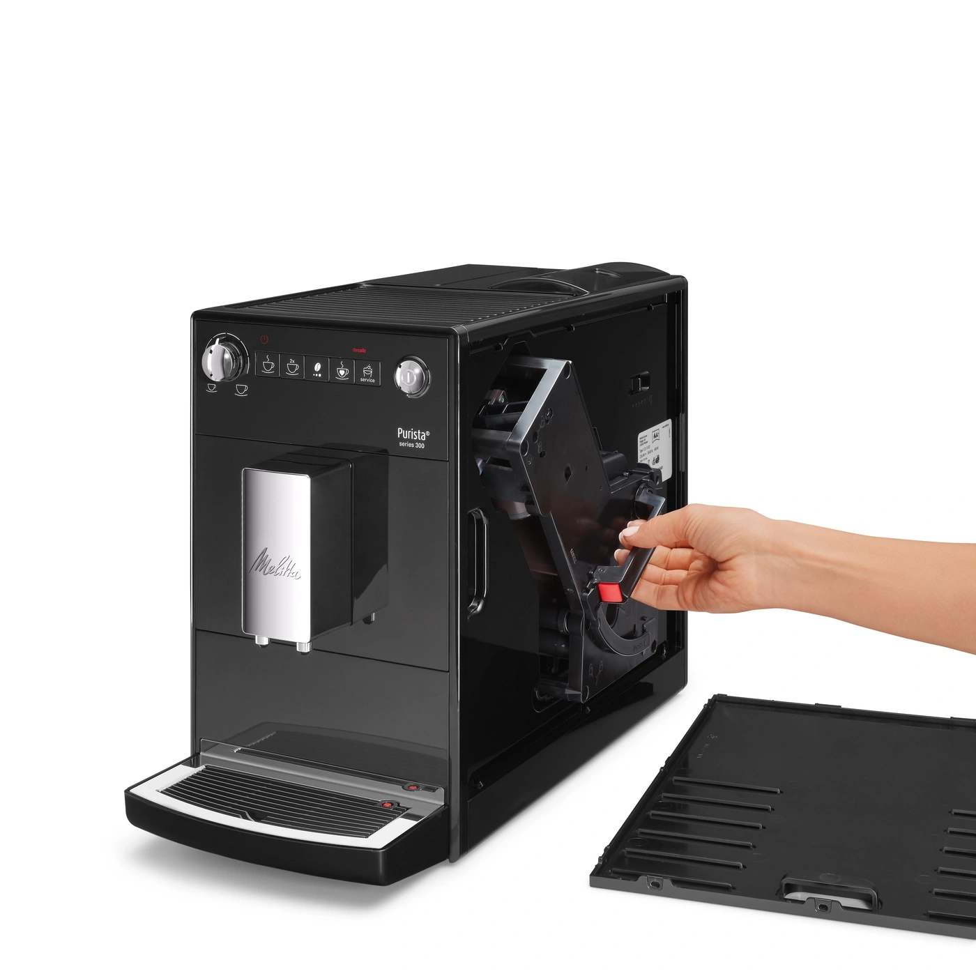 Kaffeemaschine, schwarz, Melitta Purista, Wartung, Hand, herausnehmbare Teile, Reinigung