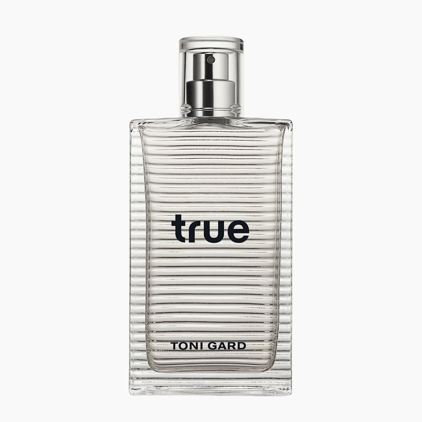 Parfümflasche mit der Aufschrift "true" von Toni Gard, transparent