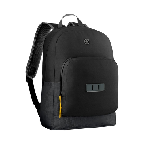Schwarzer Rucksack mit gelbem Reißverschluss und Logo, ideal für den Alltag.