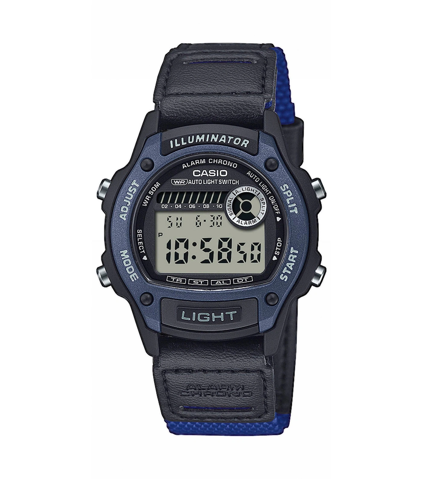 Digitale Armbanduhr mit schwarzem Lederarmband und blauem Textilfutter.