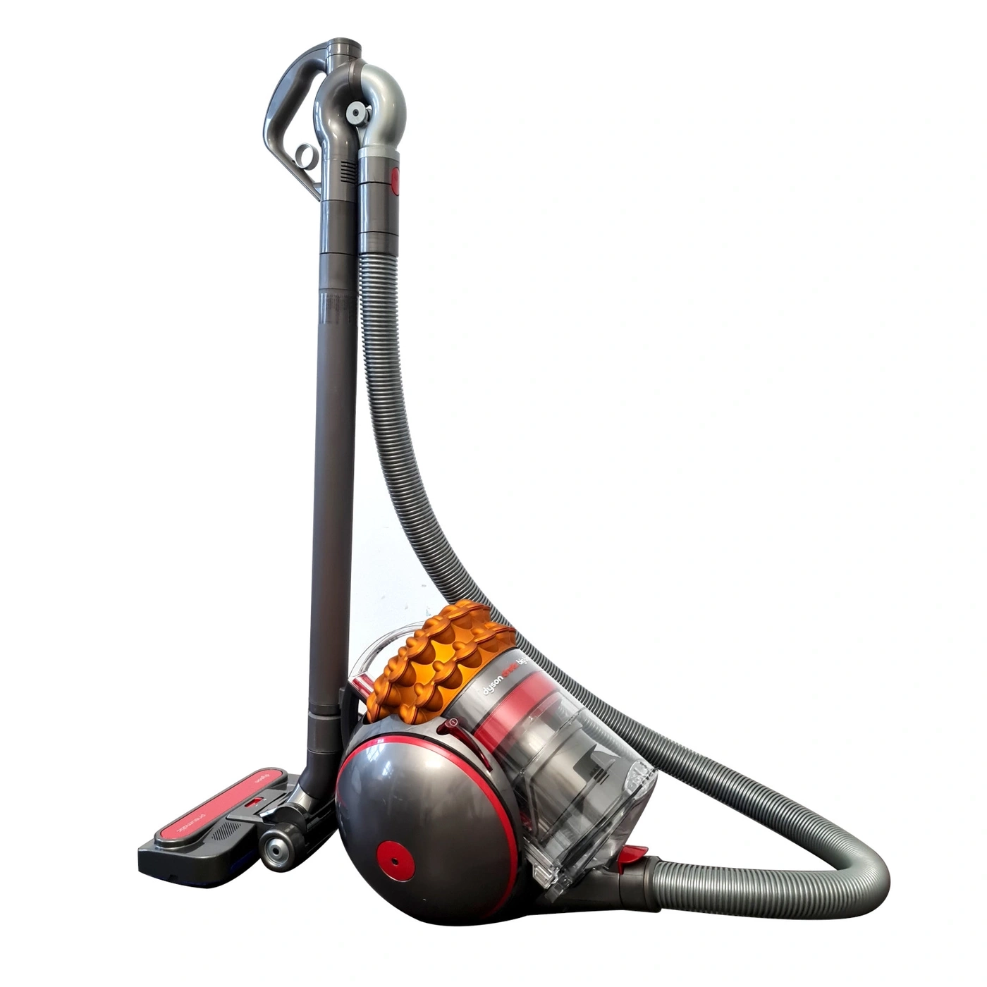 Dyson Staubsauger, grau und rot, mit orangefarbenem Filter, auf weißem Hintergrund