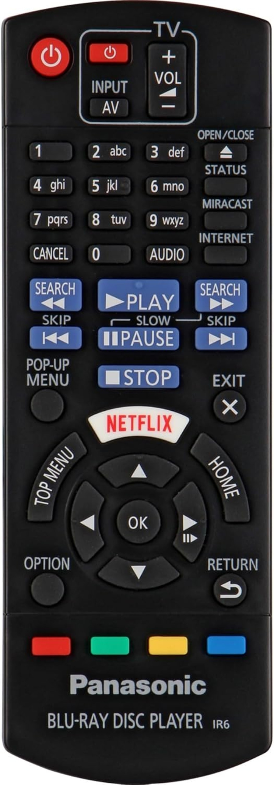 Fernbedienung für Blu-ray-Player mit Netflix-Taste, Tasten für Wiedergabe und Navigation.