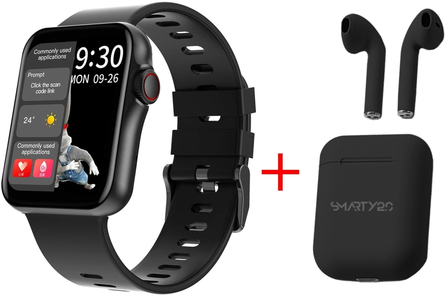Schwarze Smartwatch mit Kopfhörern und Ladecase. Uhr zeigt 9:30 Uhr an.