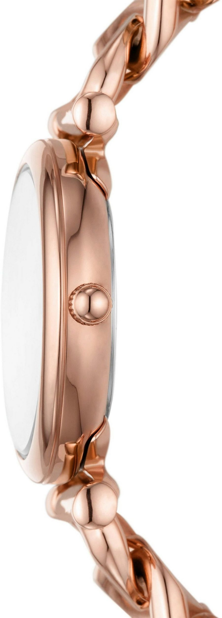 Nahaufnahme einer roségoldenen Uhr mit Kettengliedern und weißem Zifferblatt