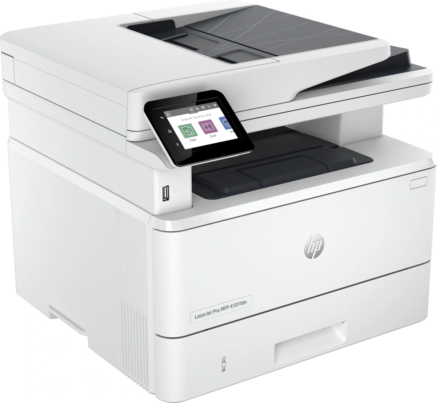Ein weißer HP LaserJet Pro MFP 4101fdn Drucker steht im Studio.