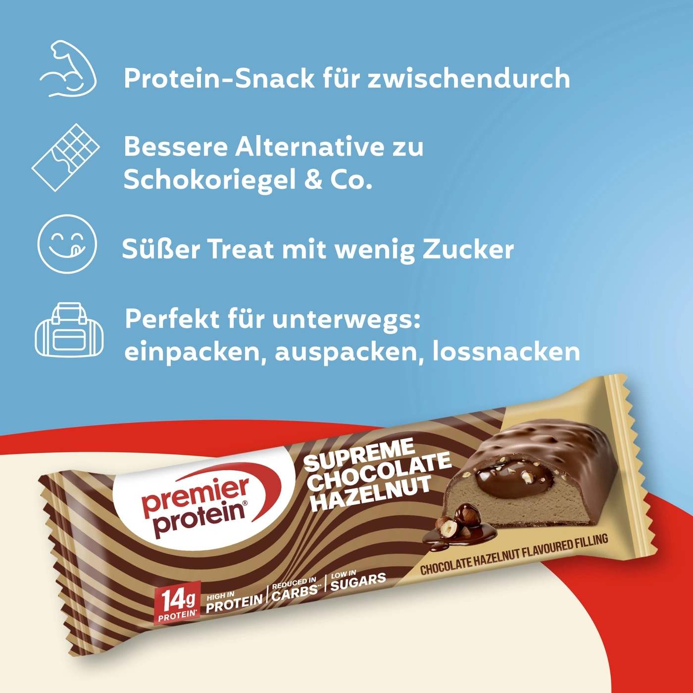 Premier Protein Riegel mit Schokolade und Haselnuss, perfekt als Snack für zwischendurch und unterwegs.