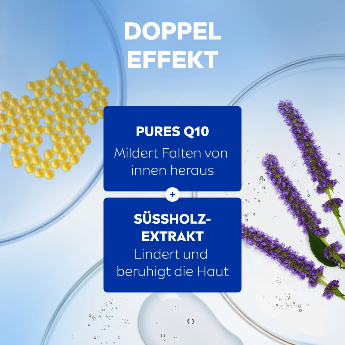 Doppeleffekt: Pures Q10 und Süßholz-Extrakt für Hautpflege. Mildert Falten, beruhigt die Haut.