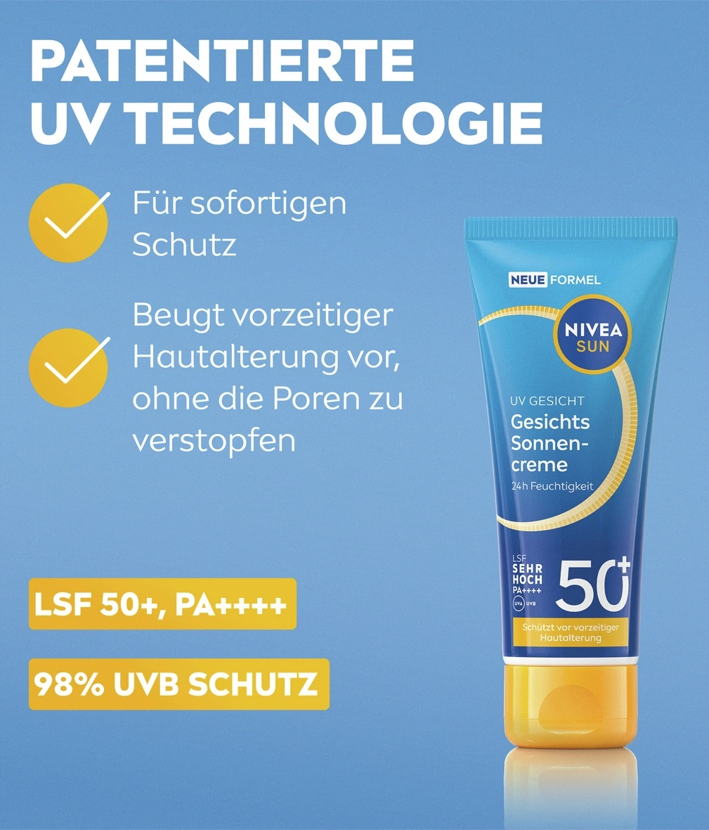 NIVEA SUN Gesichts-Sonnencreme mit LSF 50+, PA++++ und 98% UVB Schutz.