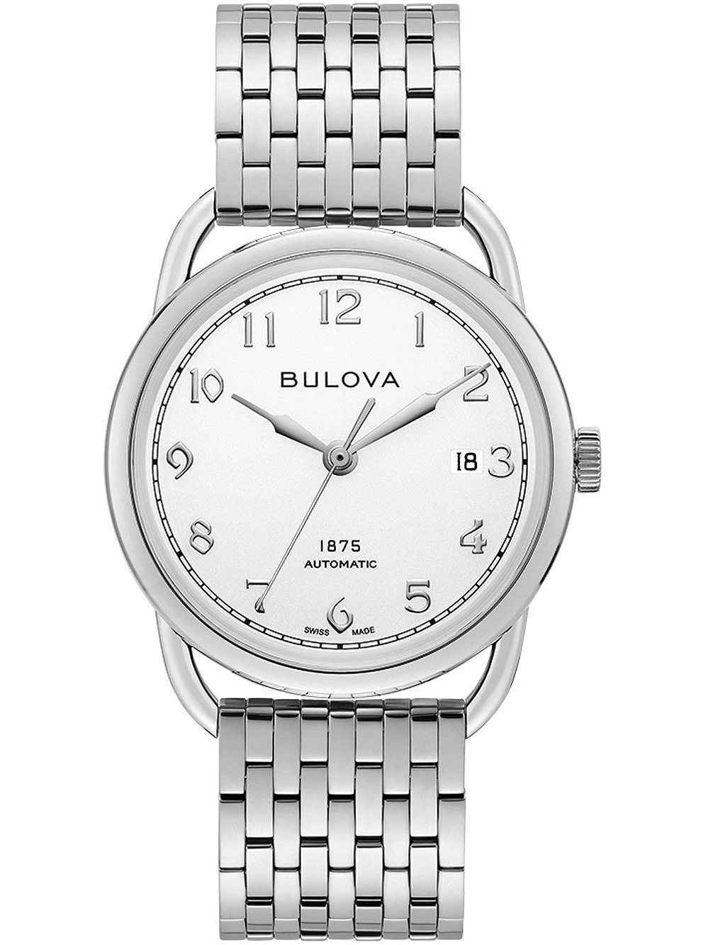 Bulova-Uhr mit silbernem Armband und weißem Zifferblatt, 1875 Automatic.