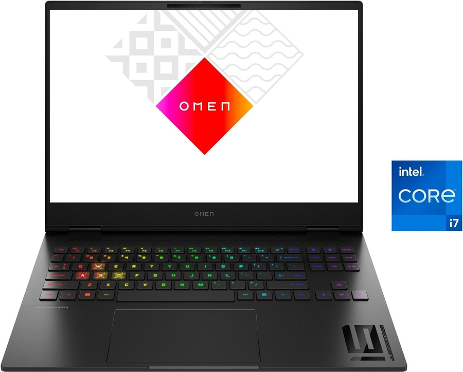 Ein schwarzer HP OMEN Gaming-Laptop mit Intel Core i7-Prozessor und beleuchteter Tastatur.