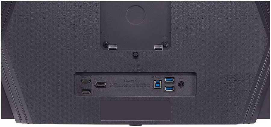 Rückseite eines Monitors mit Anschlüssen und Halterung. HDMI, USB.